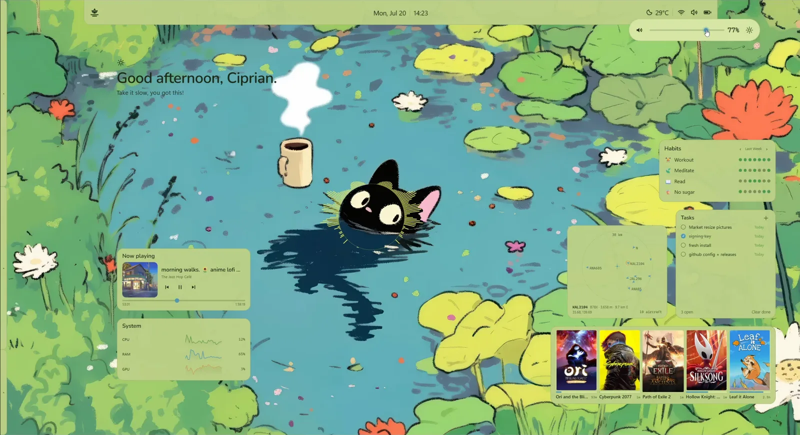 A desktop over an illustrated lily pond, with a taskbar across the top, a habit tracker, a task list, a flight radar, a system monitor and a recently played row.