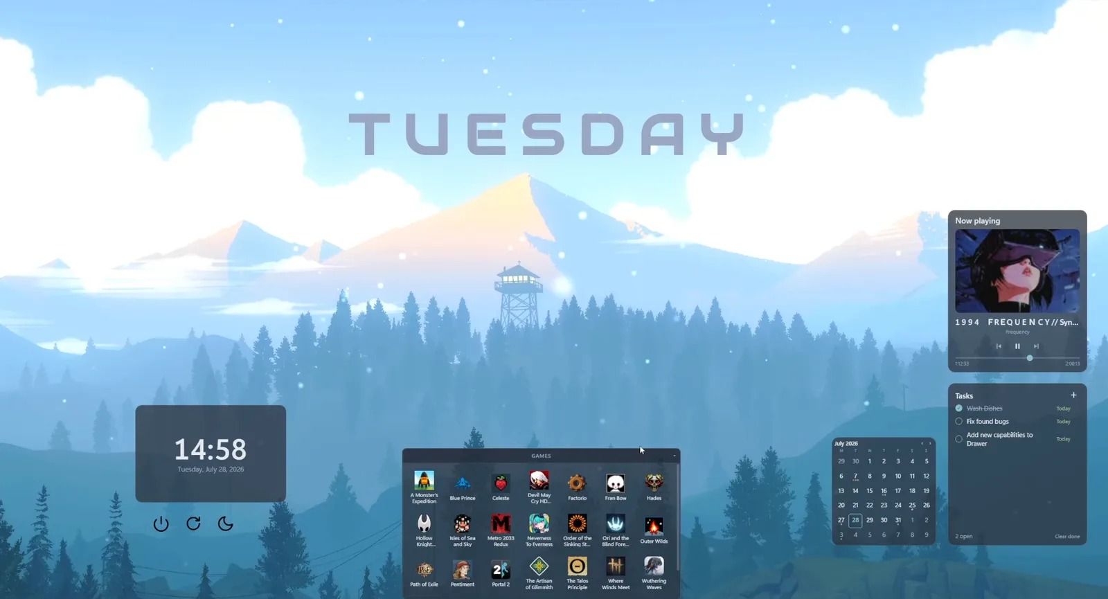 A pale forest desktop with the day name in wide letters, a clock panel, a games drawer, a calendar, a now playing card and a task list.