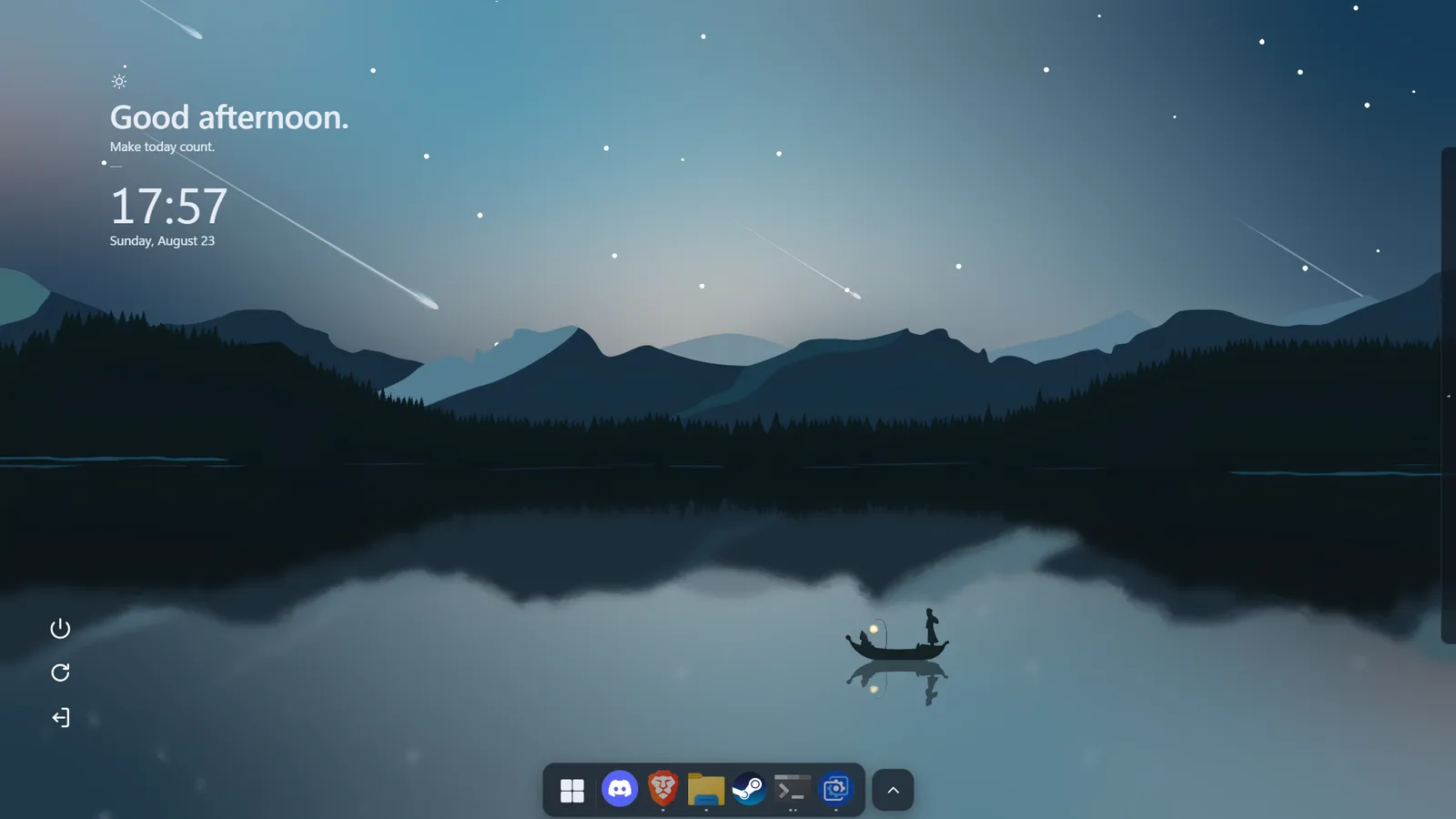 A DeskDash desktop at night over a lake and shooting stars, kept to a greeting, a clock, a row of power controls and a dock.