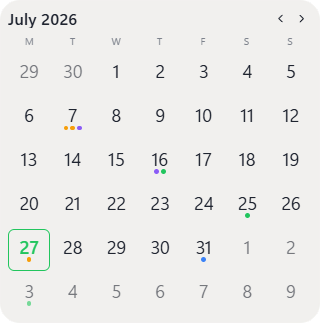 Calendar widget in DeskDash showing the month with dots marking days that have events