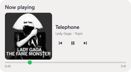 Now playing widget in DeskDash with album art, track title and transport controls